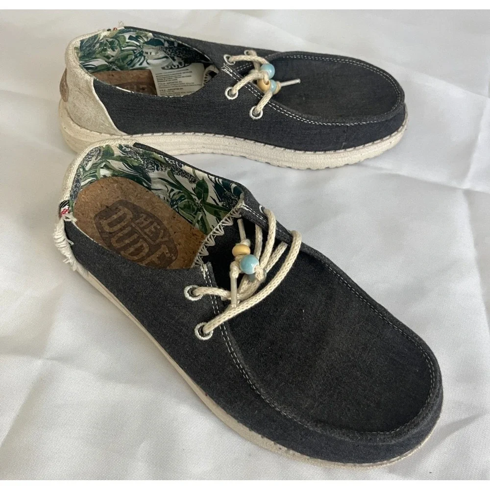Hey Dude Wendy Womens Charcoal Grey Canvas Slip On Loafer‎ Shoes Tropical Size 6